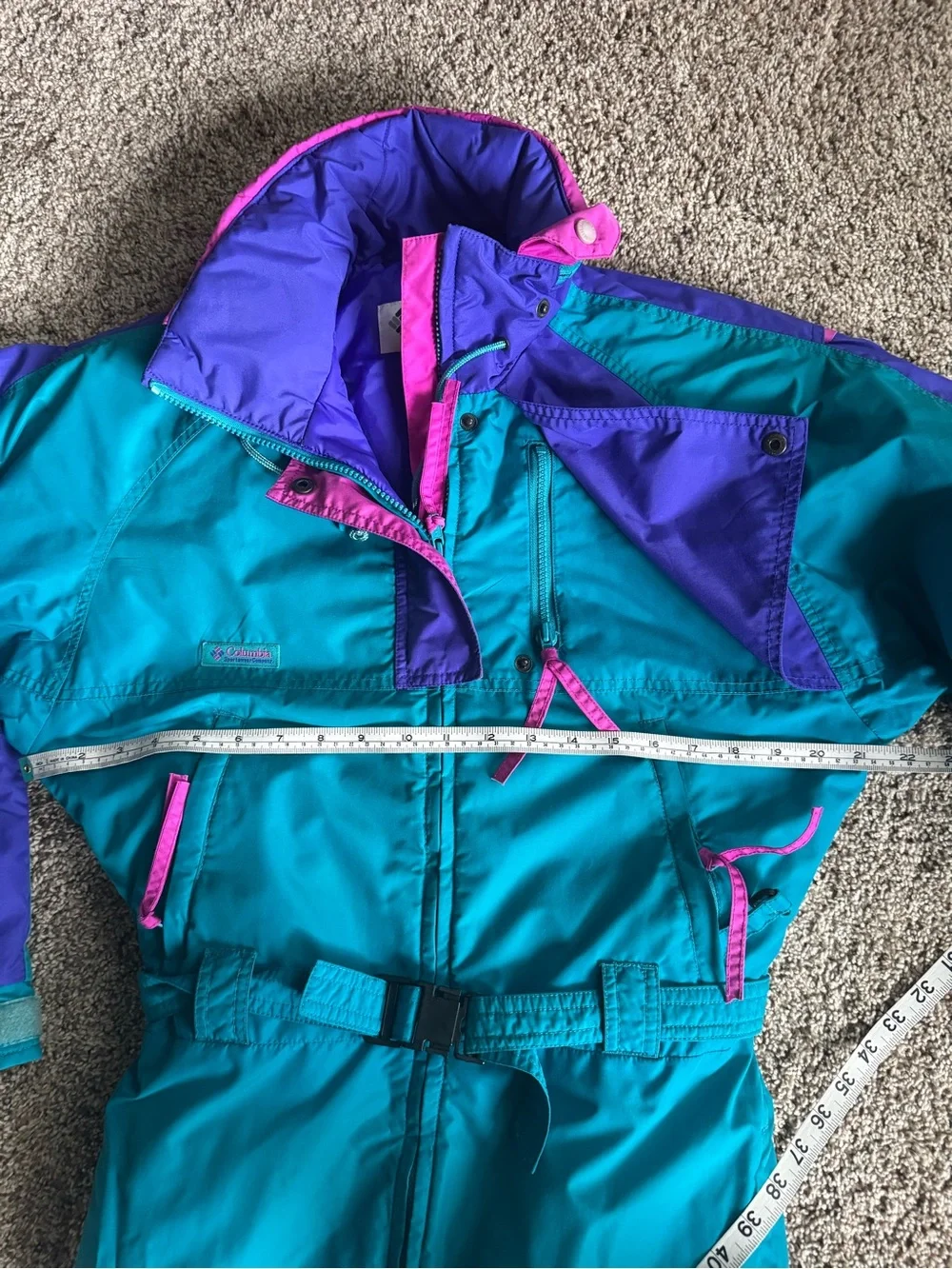 VINTAGE.  Columbia Teal Ski One-Piece Suit with Purple and Pink Accents